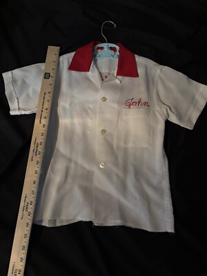 Vintage 1950s Nat Nast Bowling Kids Shirt White Rayon Embroidered