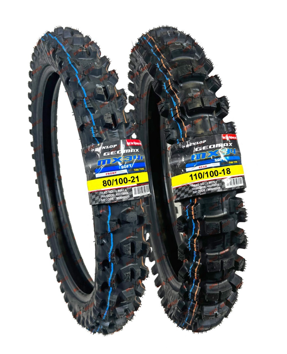 Dunlop MX34 110/100-18 80/100-21 Front & Rear Tire Set Dirt Bike