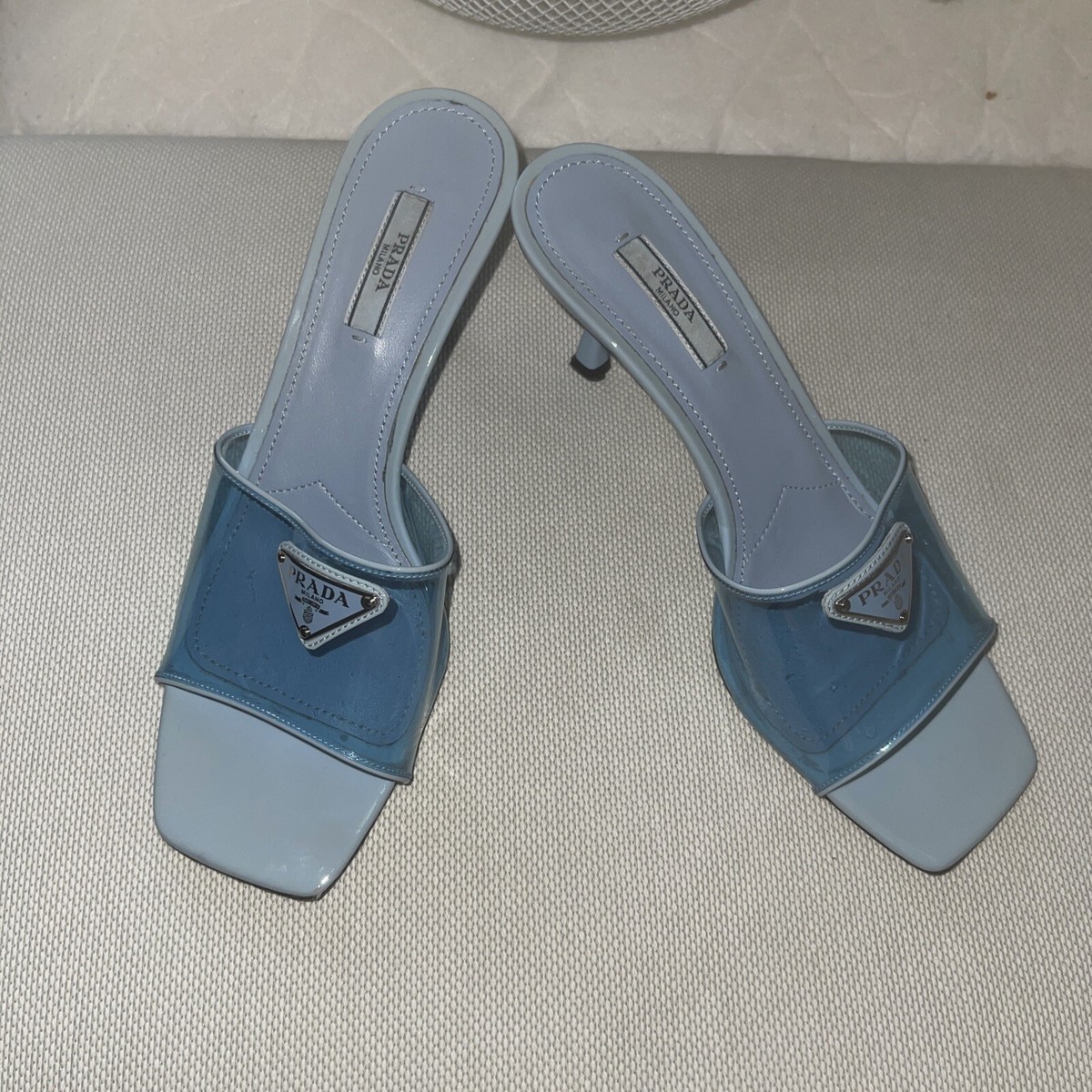 Prada Blue Logo Ciabatte Clear PVC Leather Trim Slide Heels