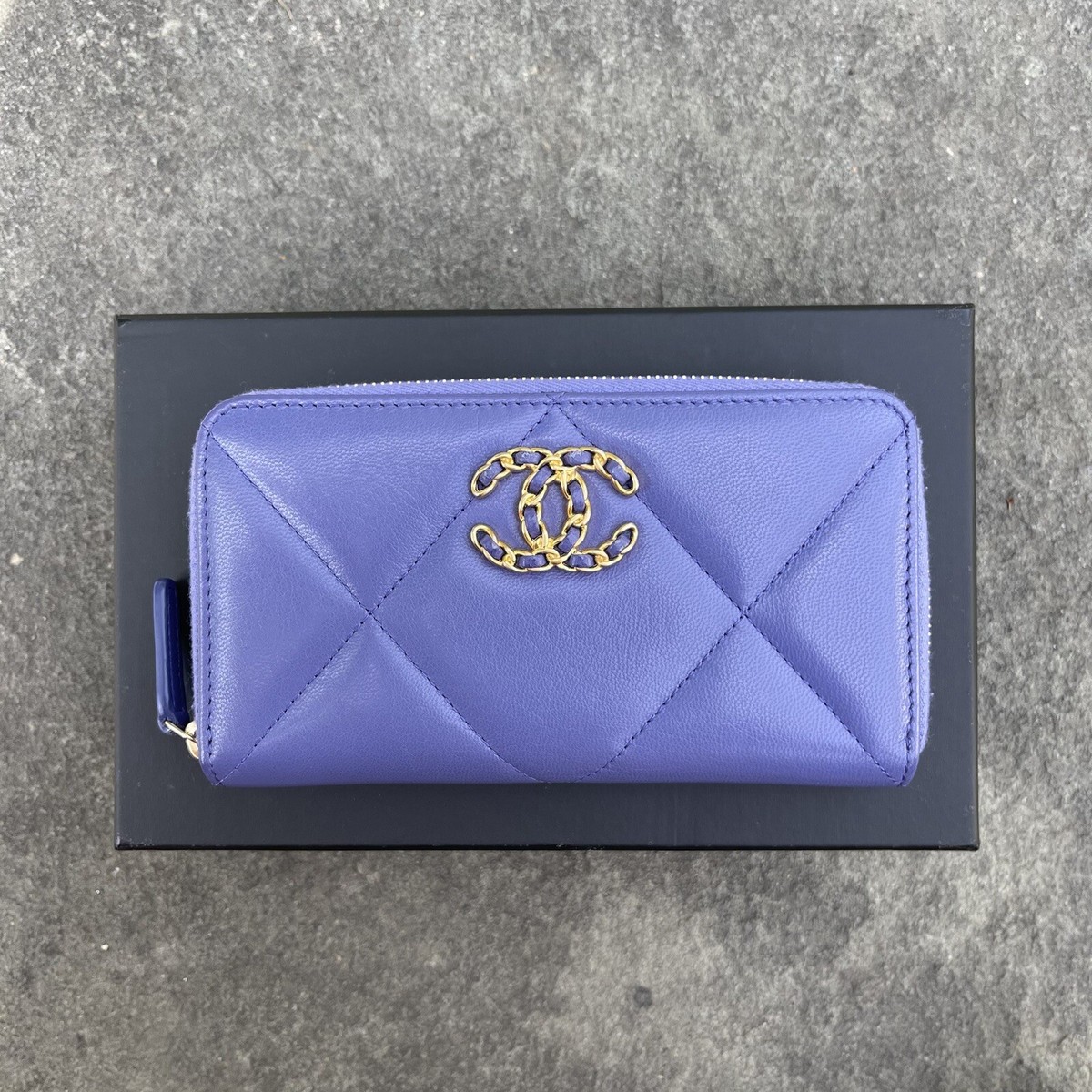 Chanel Lambskin Quilted Chanel 19 Small Zip Wallet Periwinkle