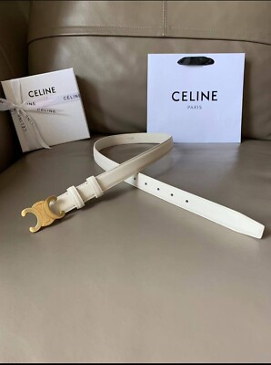 CELINE MEDIUM TRIOMPHE BELT IN TAURILLON LEATHER, WHITE BELT SIZE