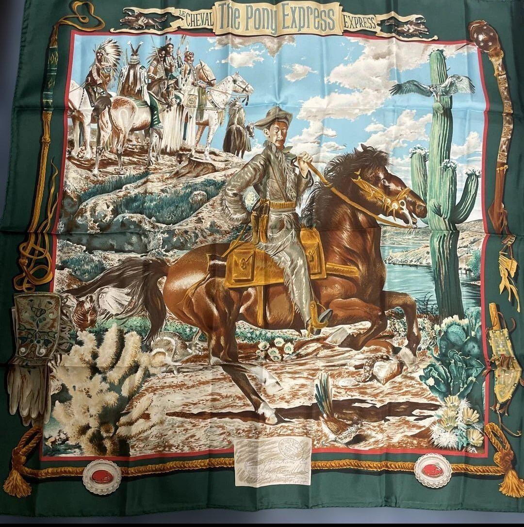 エルメス HERMES 馬車風景のハンカチ 緑 約88cm x 88cm エルメス