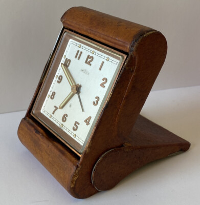 ANGELUS 8 DAY SWISS TRAVEL ALARM CLOCK 15 RUBIS TAN LEATHER CASE