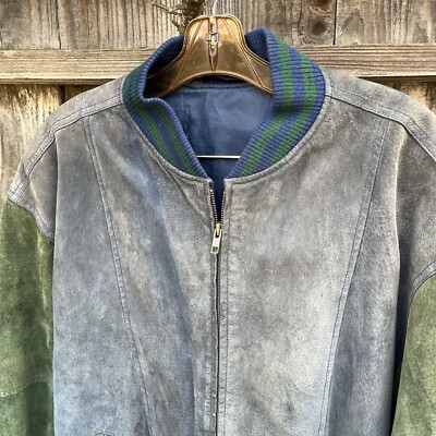 🕶️🛹 Vintage 90s green and blue suede patchwork bomber jacket
