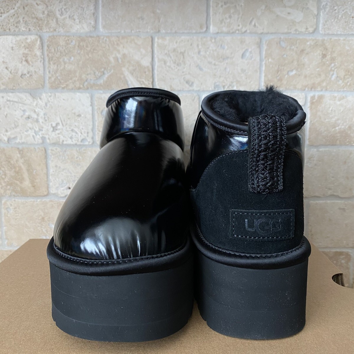 UGG Classic Ultra Mini Platform Hi Shine Black Textile Fur Boots