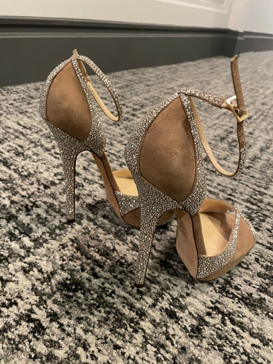 Jimmy Choo Beige Pearl Swarovski Crystal Platform Suede Heels