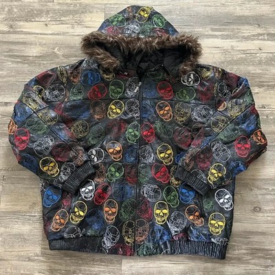 Vintage Y2K Skulls All Over Print AOP Leather Bomber Jacket W/ Fur