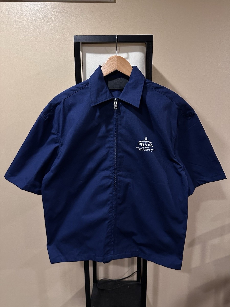 Prada 2025 Poplin Archive Logo Zip Navy Blue Technical Shirt | eBay