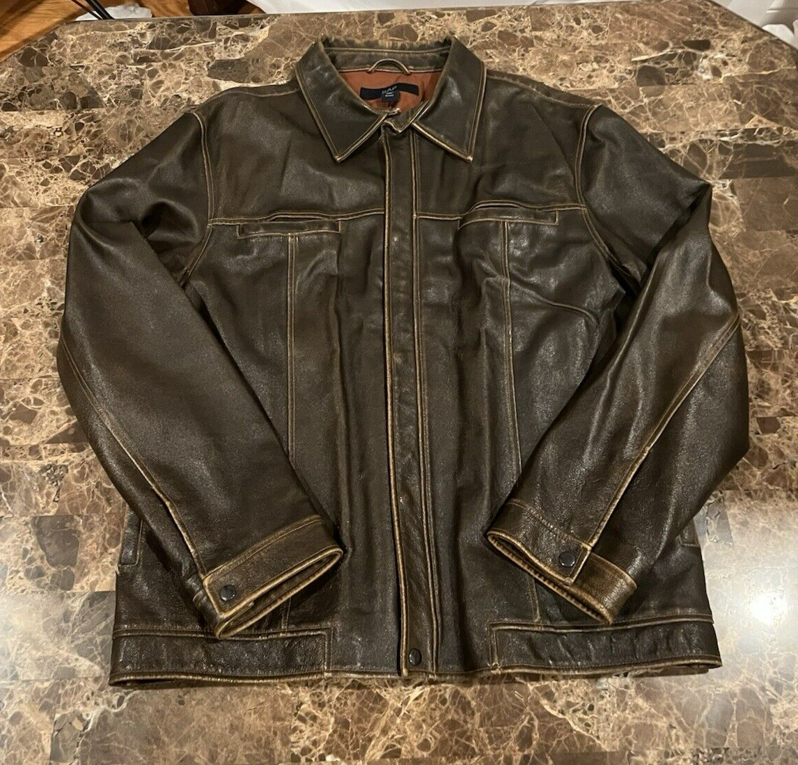 Vintage GAP Leather Jacket Mens (XL) Brown Distressed Y2K Biker