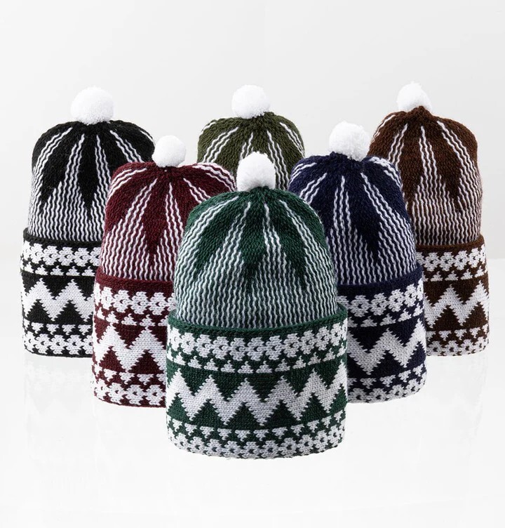 Zigzag Haji Wool Beanie Cap Islamic Prayer Kashmiri Hat w White