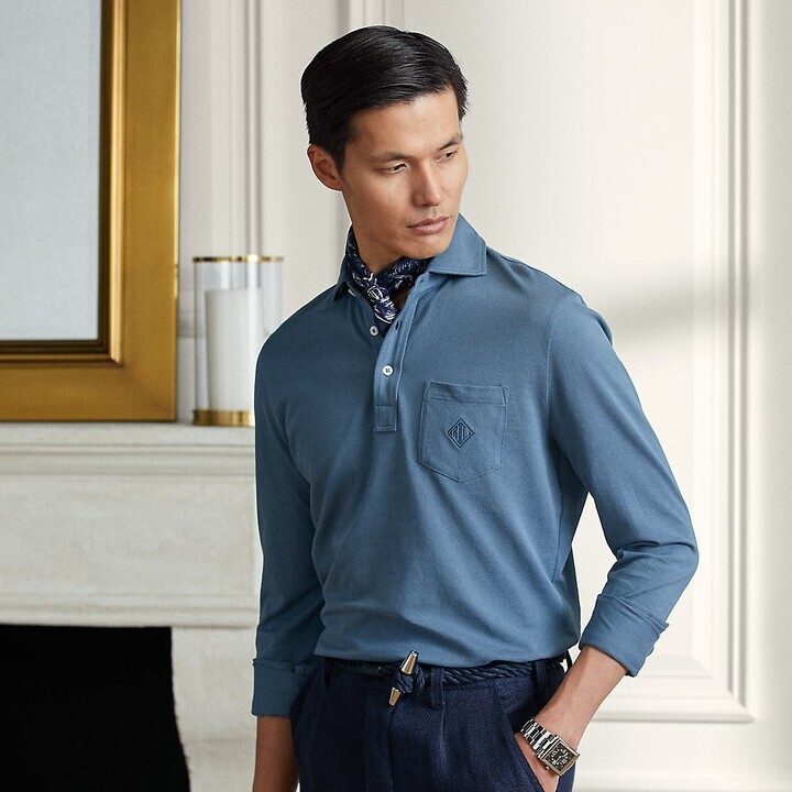 Ralph Lauren Purple Label Slim Logo Washed Pique Polo Long Sleeve