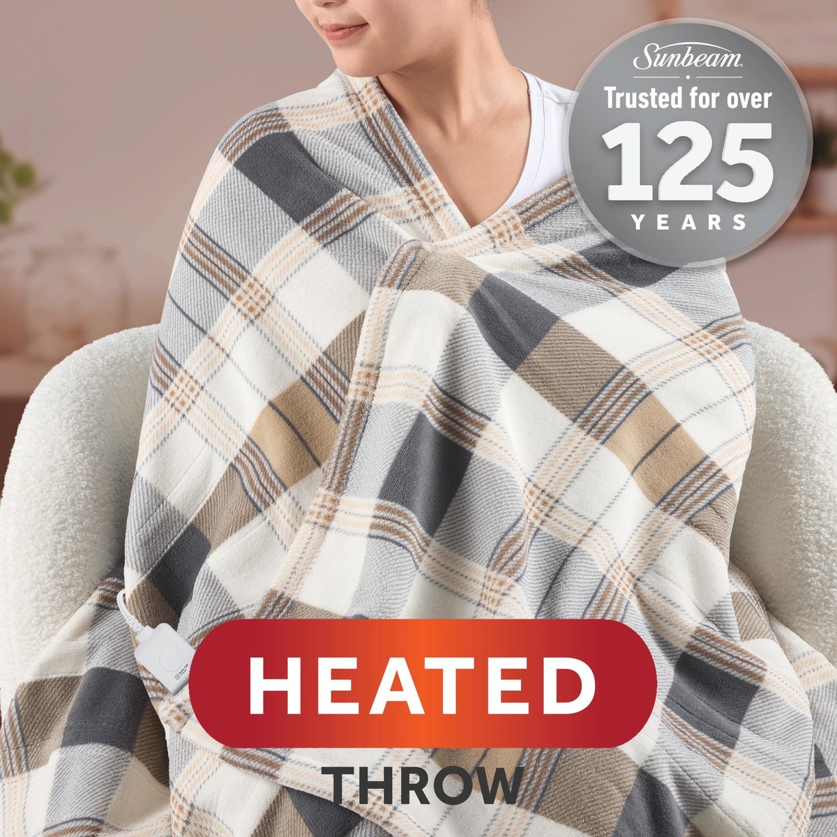Sunbeam 13683 Electric Heated Throw Blanket, Neutral Plaid