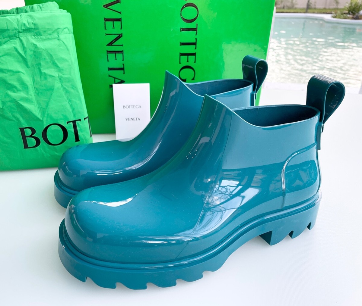 BOTTEGA VENETA Petroleum Blue Shiny Rubber Ankle Rain Boots Size
