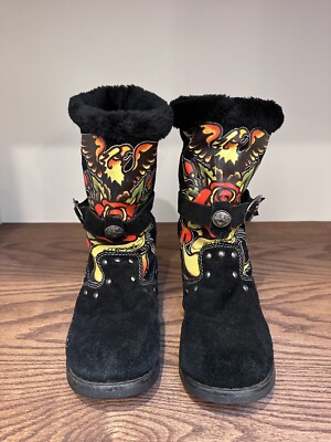 Ed Hardy Women's Black Suede Faux Fur Lined Mocasin Boots US Size
