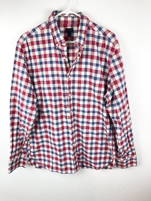 J. Crew Mens SZL Long Sleeve Button Front Shirt Red Blue Check