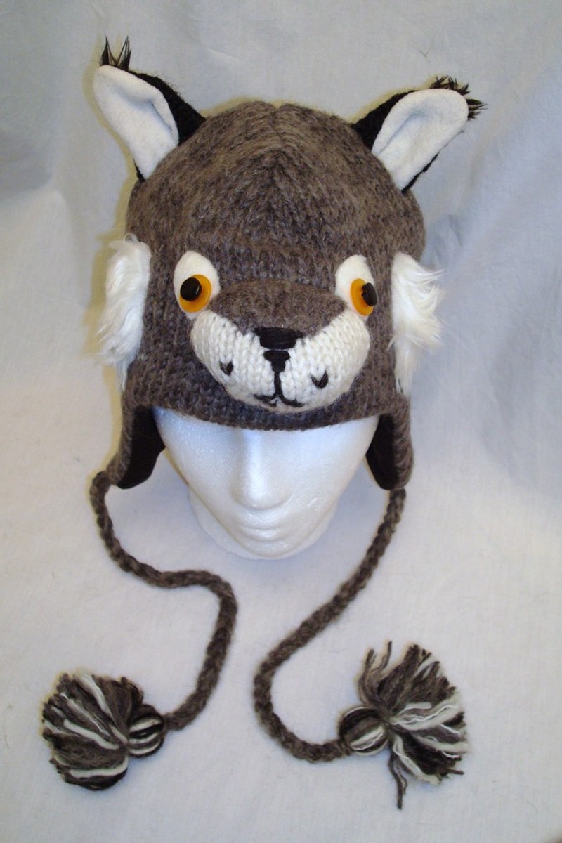 LYNX HAT knit animal costume ADULT gray grey cap delux cat shaped
