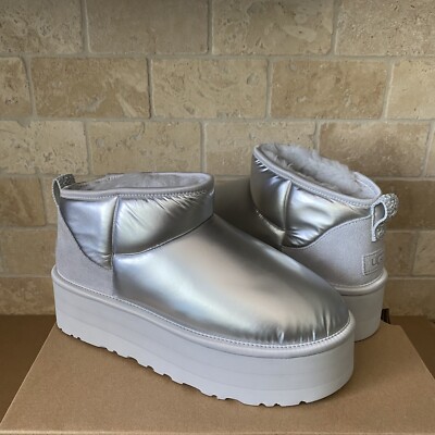 UGG Classic Ultra Mini Platform Hi Shine Silver Textile Fur Boots