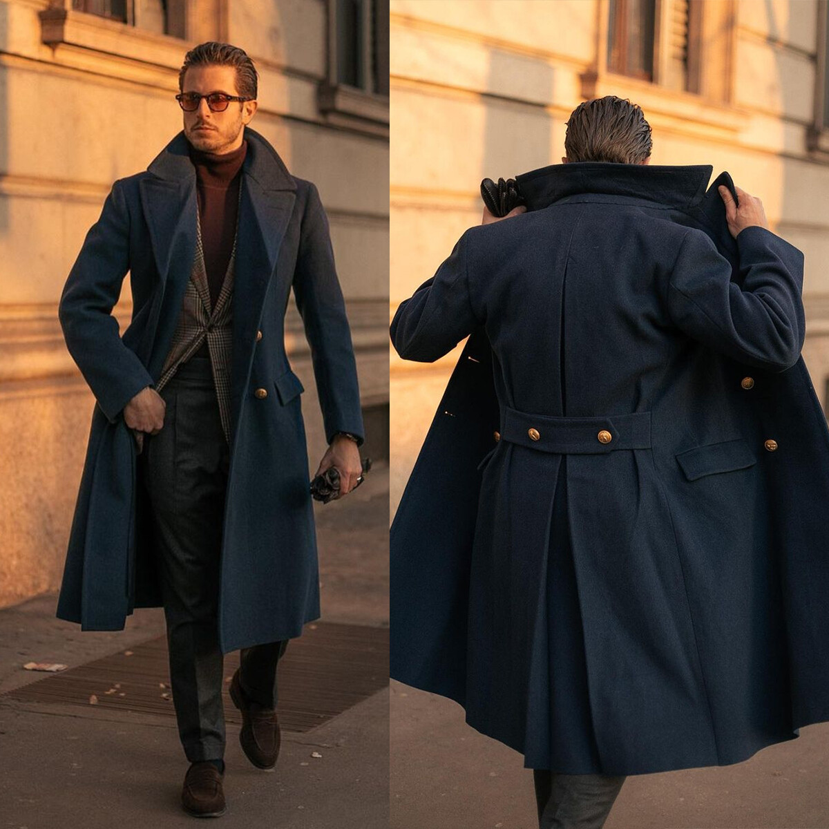 Men Long Overcoat Tweed Navy Blue Wool Blend Coat Winter Business