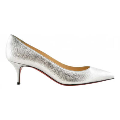Christian Louboutin Kate 55 Silver Calf Lame Tweed Kitten Low Heel