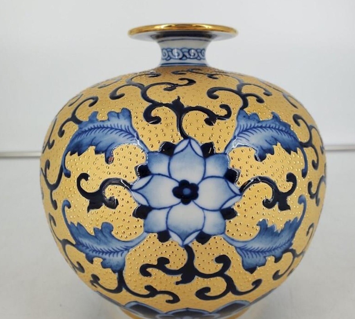 林三江台湾鶯歌陶瓷大師名家高級花瓶漢聲窯golden Blue Floral Round