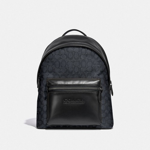 Coach Charter Leather Backpack Medium Signature Jacquard Charcoal