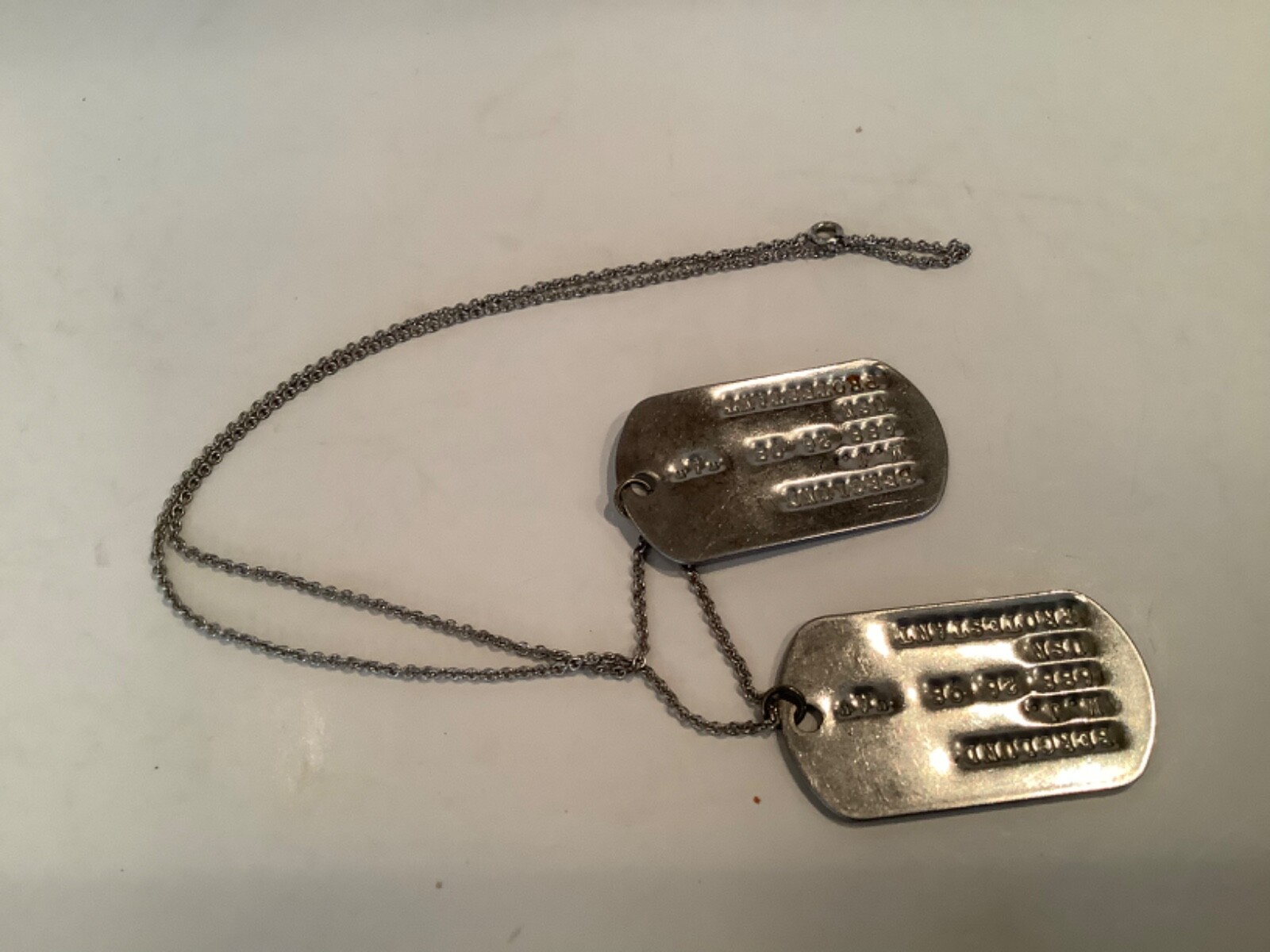 VINTAGE PAIR WWII U.S. NAVY DOG TAGS w/ STERLING SILVER CHAIN