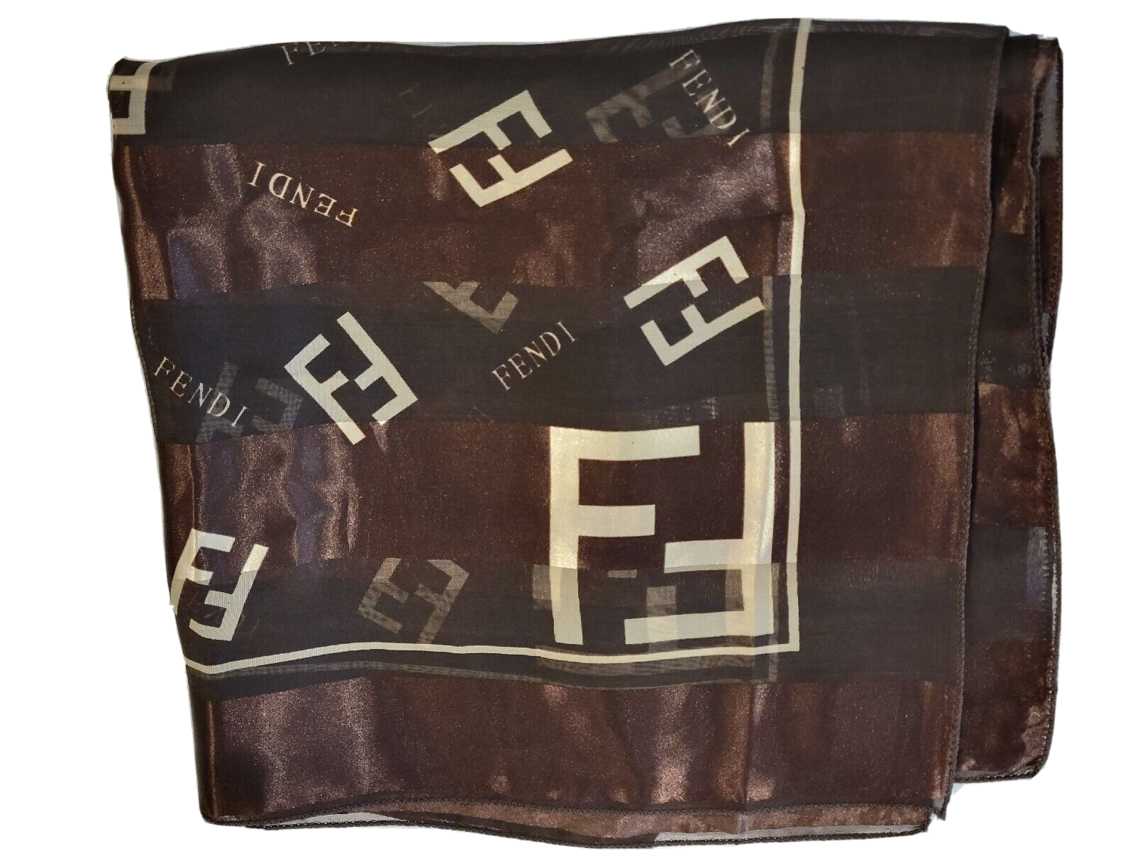 FENDI SILK SCARF Brown Cream SIGNATURE LOGO 39.5