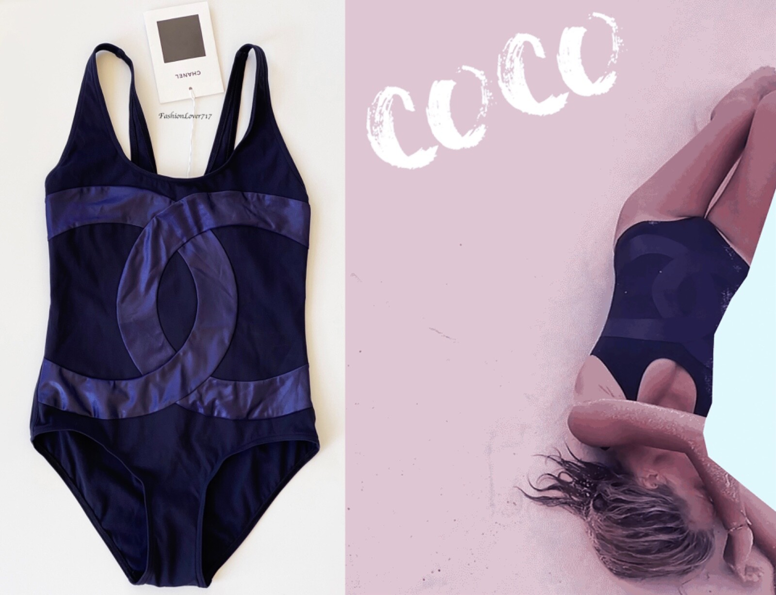 NWT CHANEL 18A COCO BEACH NAVY BLUE LOGO SWIMSUIT BODYSUIT