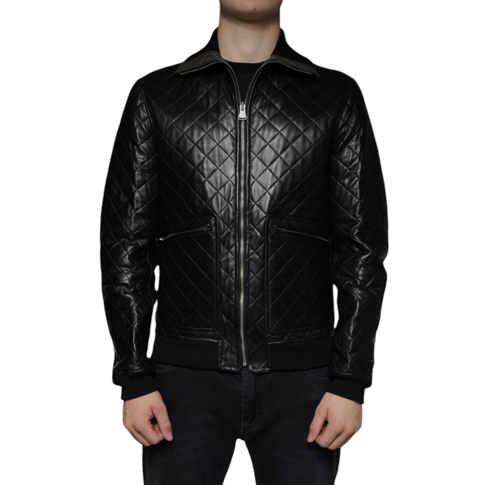 DOLCE & GABBANA Jacket Black Calf Leather Quilted Full Zip IT48