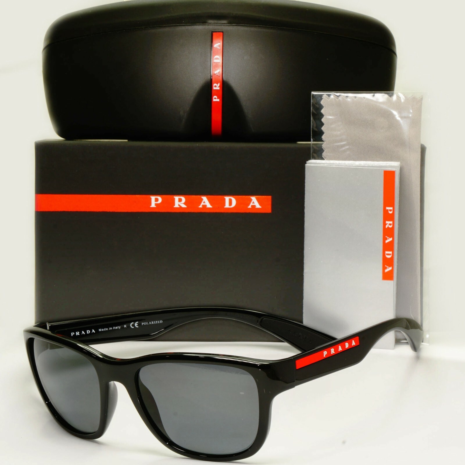 Prada Polarised Black Sunglasses Square Red Stripe PS01US SPS 01U