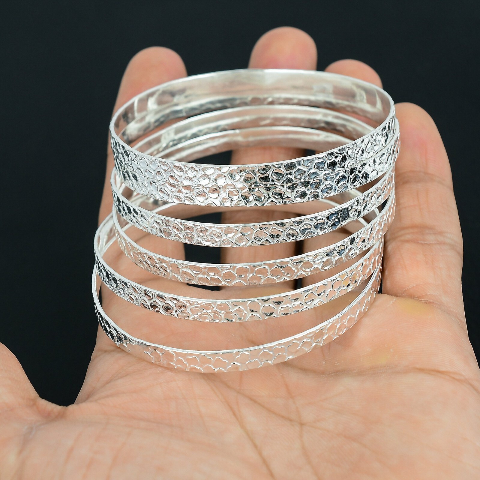 6 Set of Silver Bangle Solid 925 Silver Stackable Handmade Women