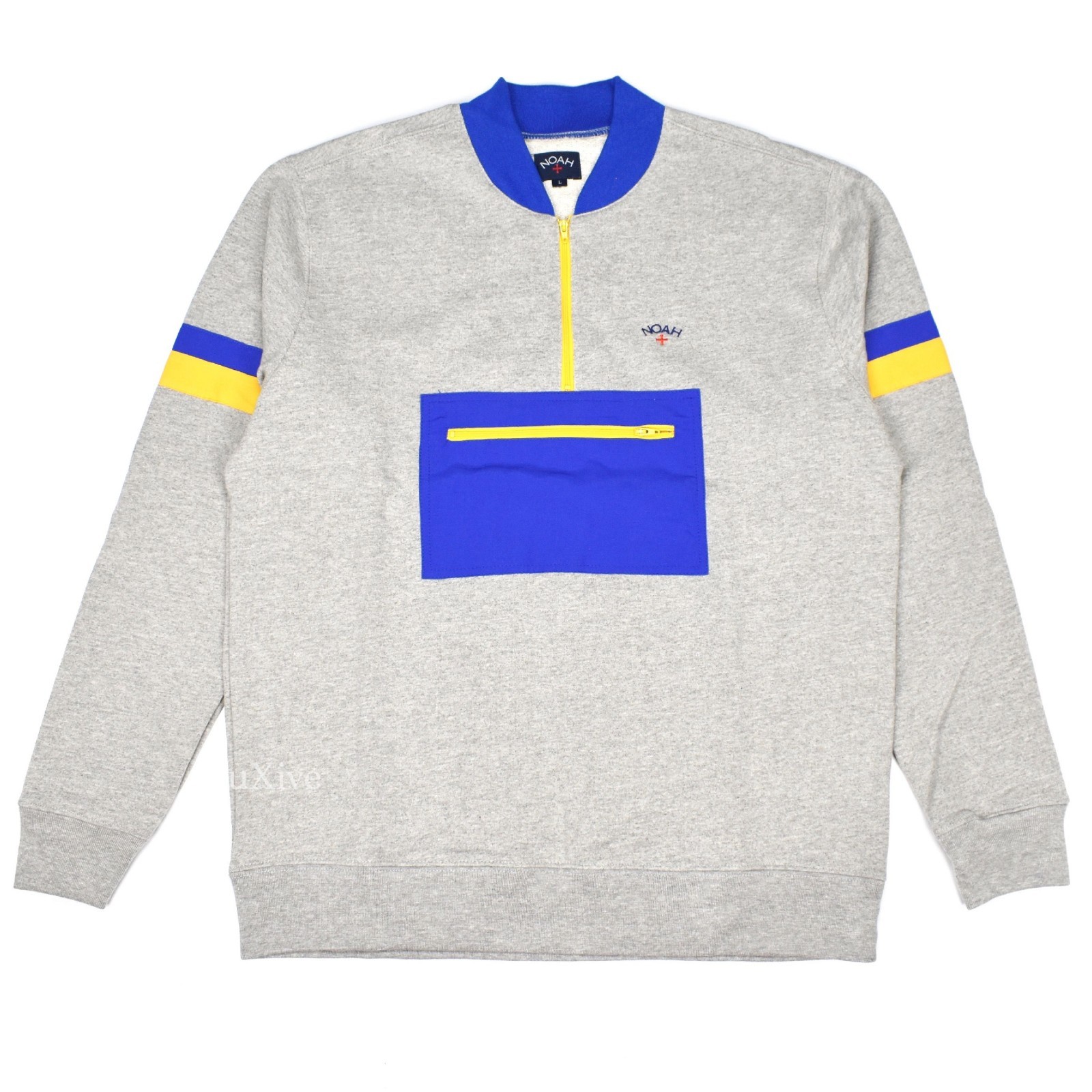NWT Noah NY Men's Gray Blue Yellow Core Logo 1/4 Zip Sweatshirt