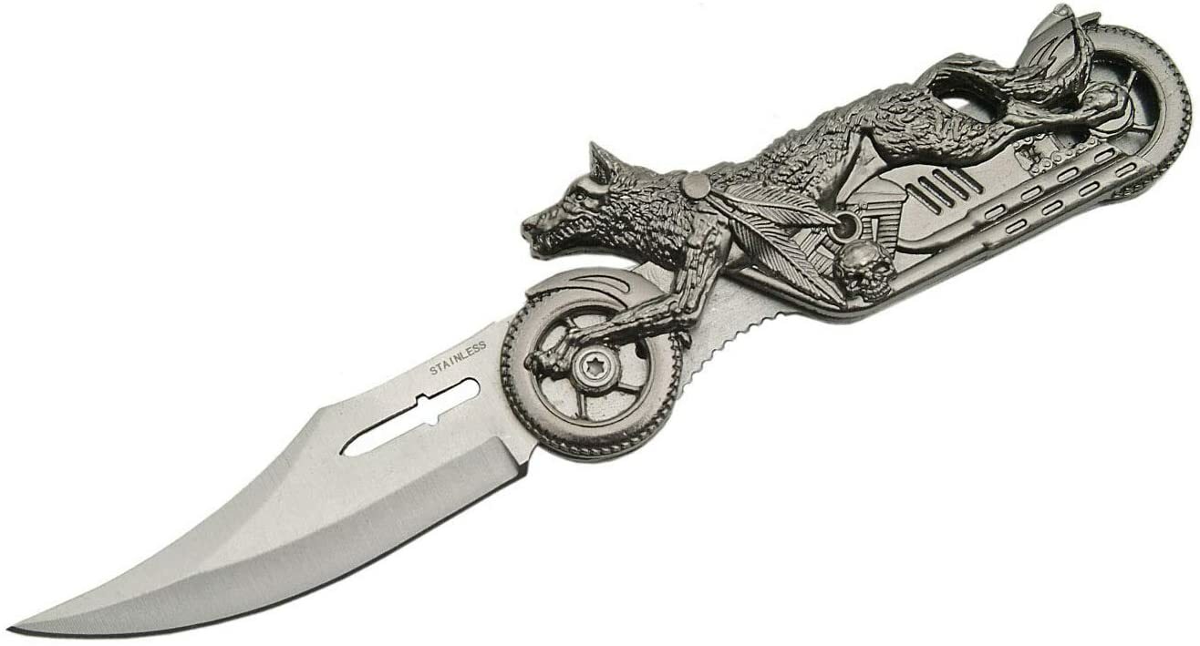 Folding Pocket Knife Wolf Motorcycle Rider -Skull on Side of Bike