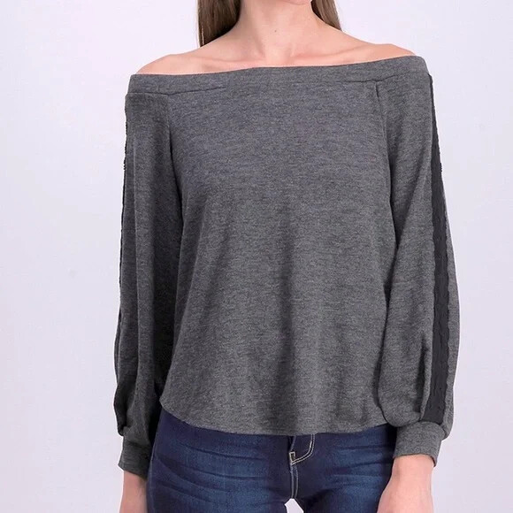 1.State Off Shoulder Lace Trim Top Light Heather Grey Size XXL | eBay