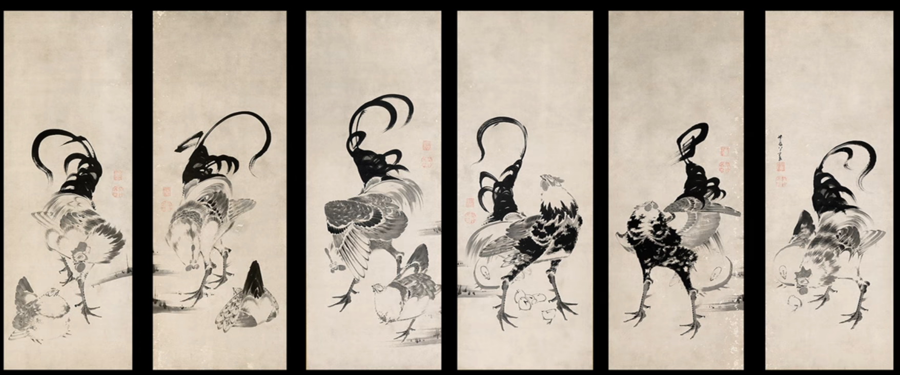 鶏図押絵貼屏風 Tori-zu Oshiebari Byobu(Chickens) | 伊藤若冲 Ito