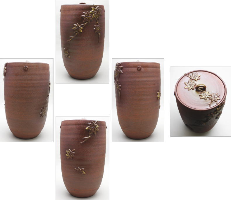 茶器/茶道具 水指（水差し）】 細水指（中置） 浮彫り 紅葉 中村秋峰作