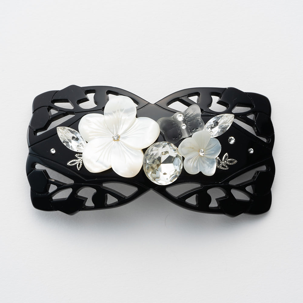 バレッタ 白蝶貝 ラインストーン ホワイト フラワー バタフライ