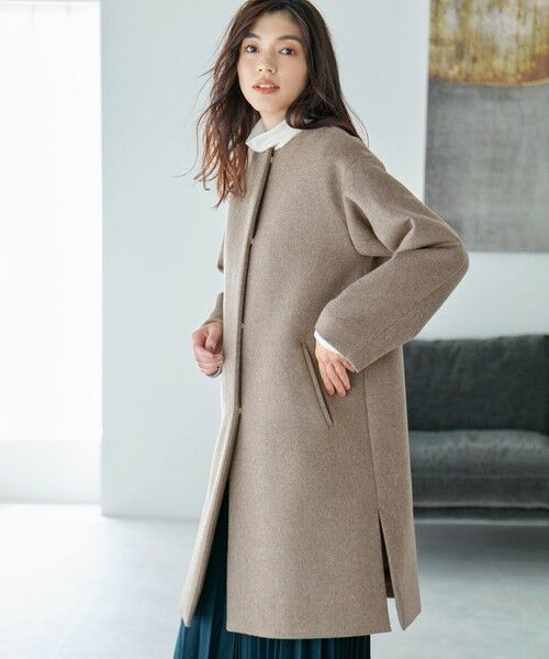 セール】 【防風裏地】ウールブレンドノーカラーコート （その他