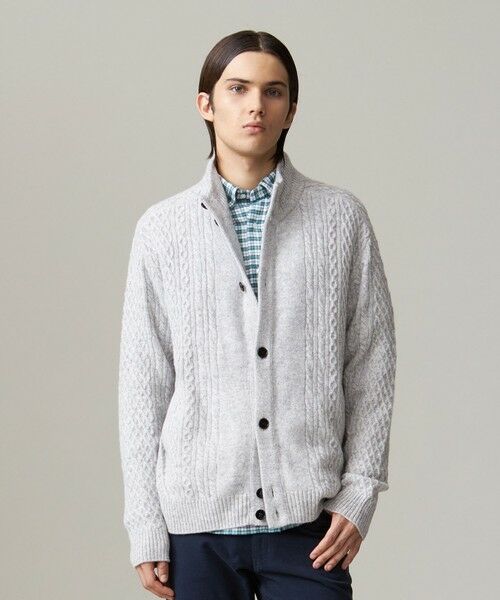 セール】 【Cash Lamb's Wool】ハイネックケーブルカーディガンニット