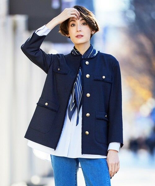 セール】 ナチュラルツイードストレッチ ノーカラー ジャケット （ノー