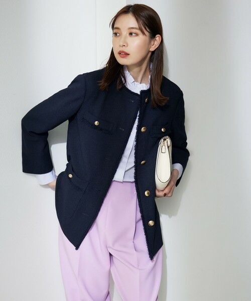 セール】 ナチュラルツイードストレッチ ノーカラー ジャケット （ノー