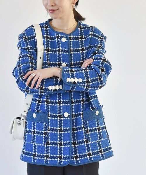 セール】 quaranciel: ブルー ツイード ノーカラー ジャケット