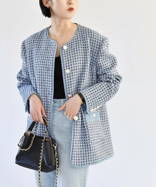 セール】 quaranciel: ブルー ツイード ノーカラー ジャケット