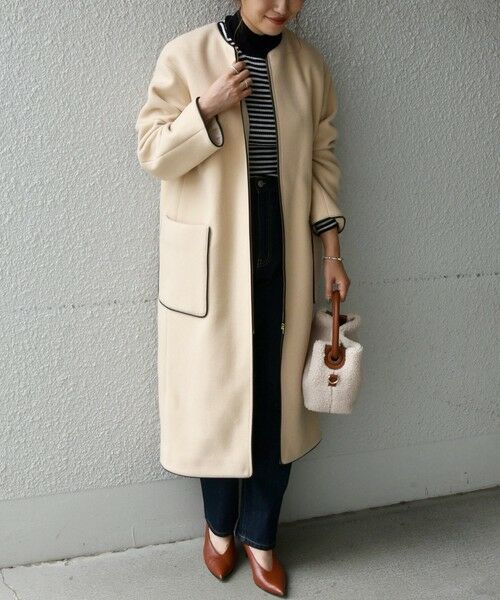 セール】 SHIPS any: ノーカラー パイピング ロングコート（クリーム
