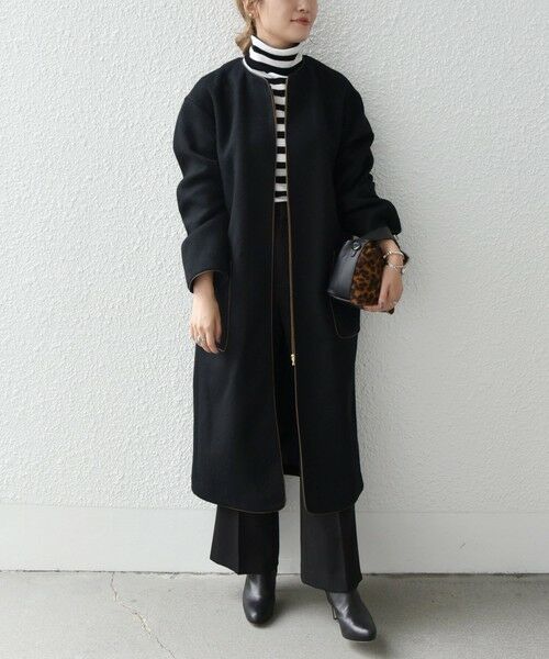 セール】 SHIPS any: ノーカラー パイピング ウールミックス ロング