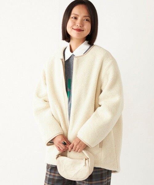 セール】 SHIPS Colors:ボア ノーカラー パイピング ジップ コート