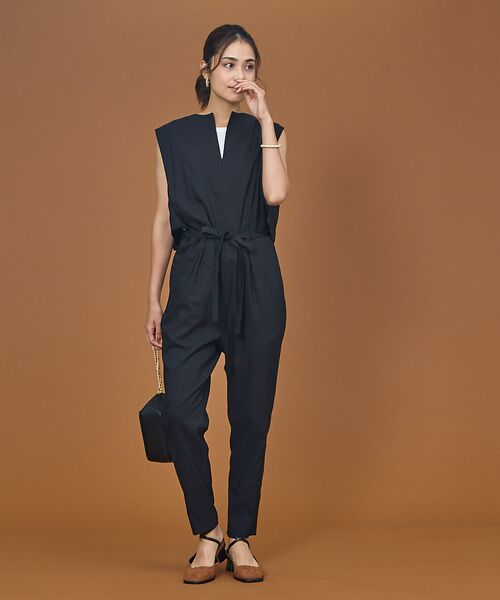 セール】 コットンリネンウエストリボンオールインワン （サロペット