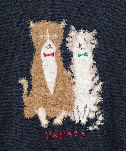 ウールニットインターシャ7G ネコ柄 クルーネックセーター （ニット