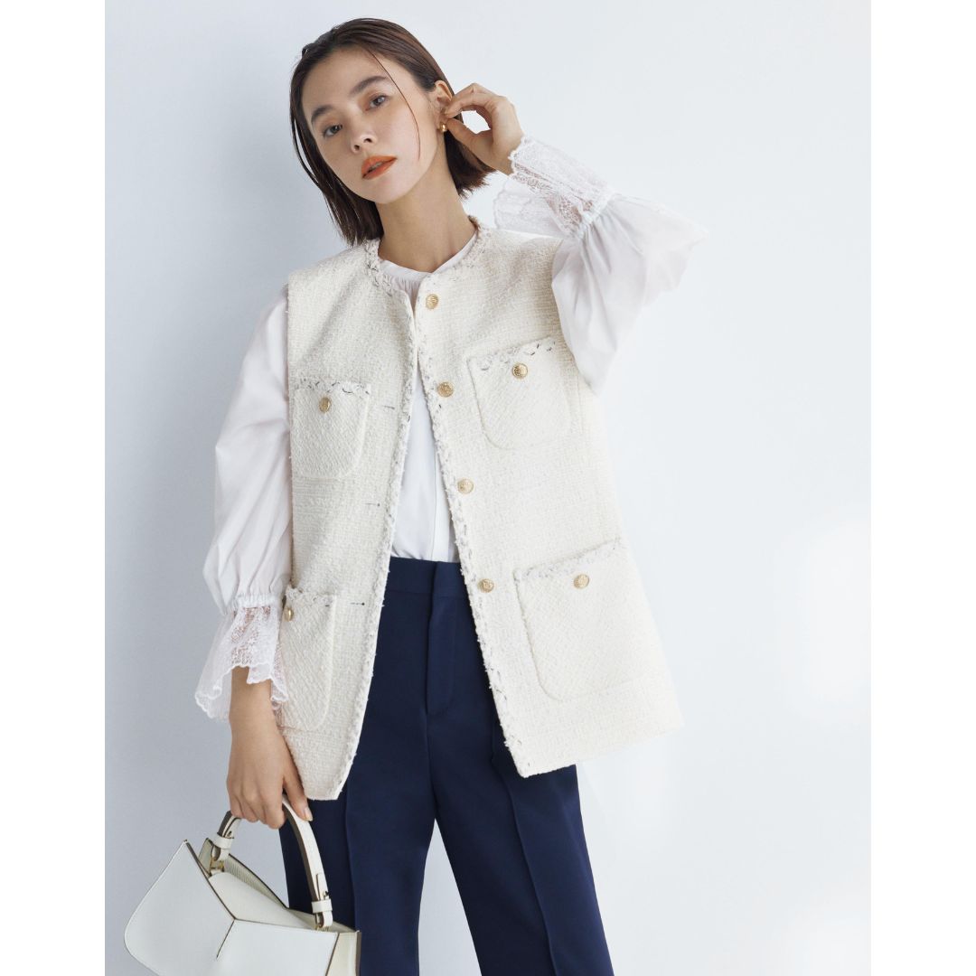 卒入園に【ジレツイード】の一点投入で華やか！手持ちパンツに合わせる