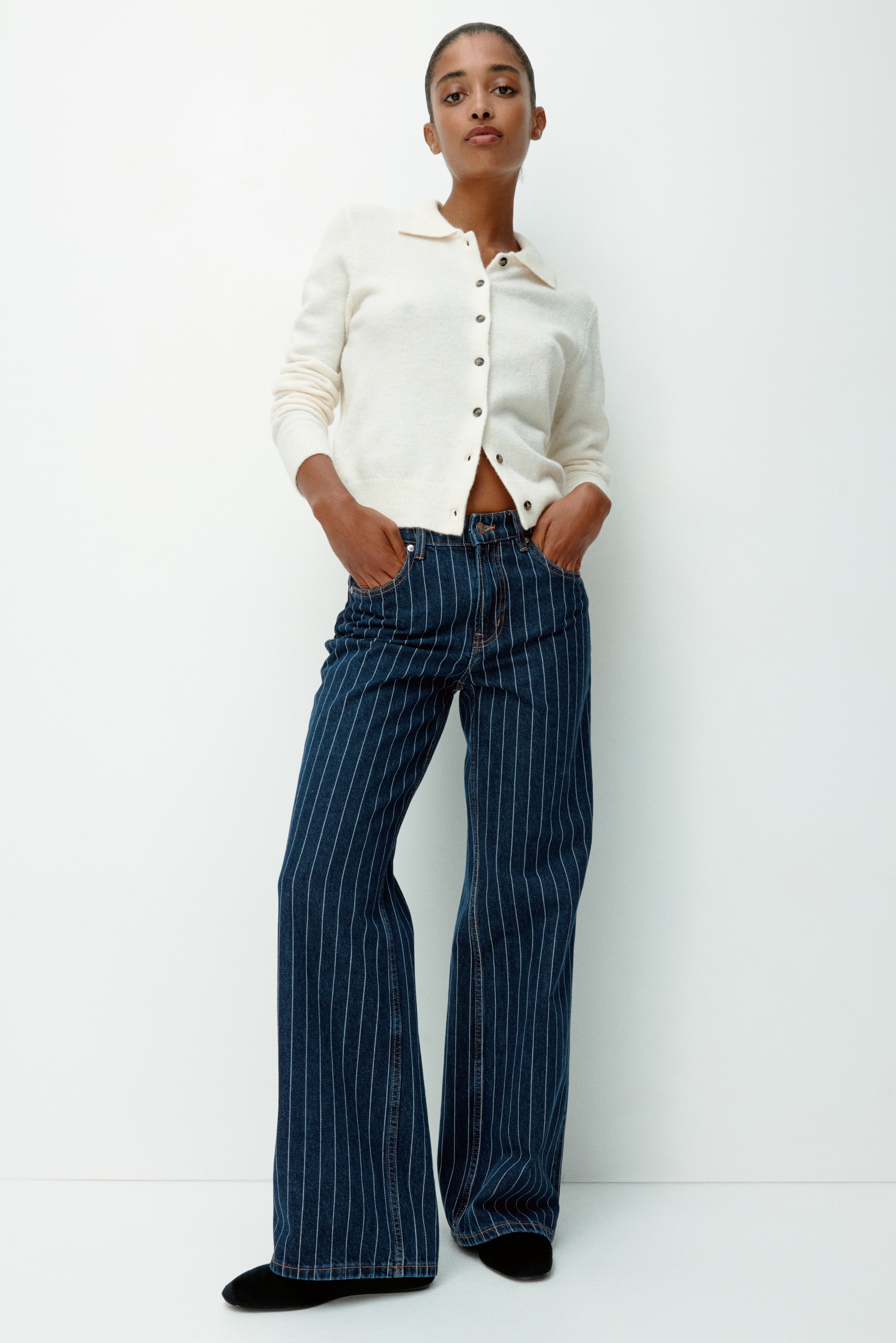 Bleecker High Rise Wide Leg Jeans - Dark denim blue/pinstriped